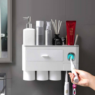 Hộp lấy kem và treo bàn chải đánh răng dán tường tặng 3 cốc - khay nhà tắm kèm 2 ly nhựa