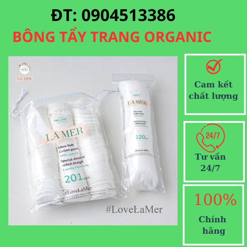 Bông tẩy trang Lamer, tẩy trang organic gói 120 miếng, bông 100% cotton