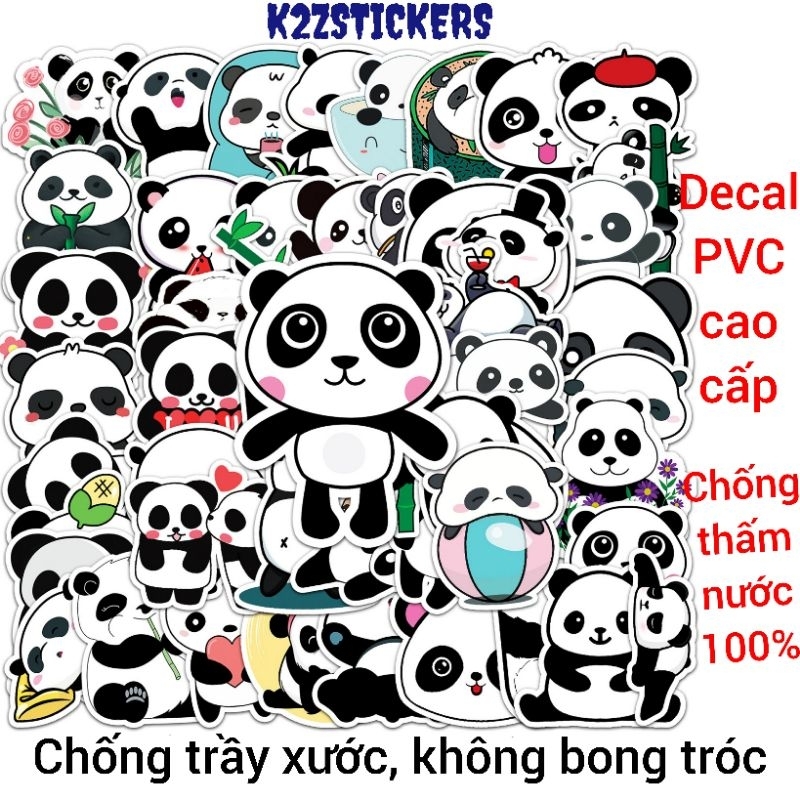 Bộ 50 hình dán sticker gấu trúc panda dễ thương dán mũ bảo hiểm, điện thoại, vali, laptop, chất liệu decal Vinyl cao cấp