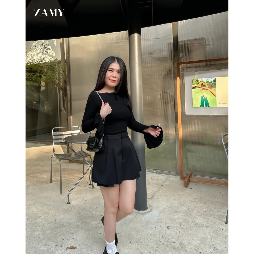 Áo thun nữ, áo thun tay dài chất thun gân tay loe 2 màu đen, trắng thời trang Zamy thiết kế đi chơi - 1907