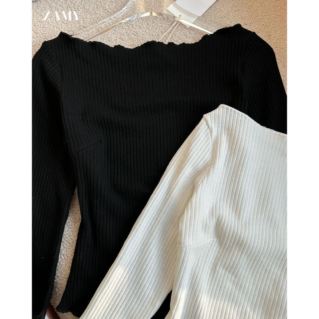 Áo thun nữ, áo thun tay dài chất thun gân tay loe 2 màu đen, trắng thời trang Zamy thiết kế đi chơi - 1907