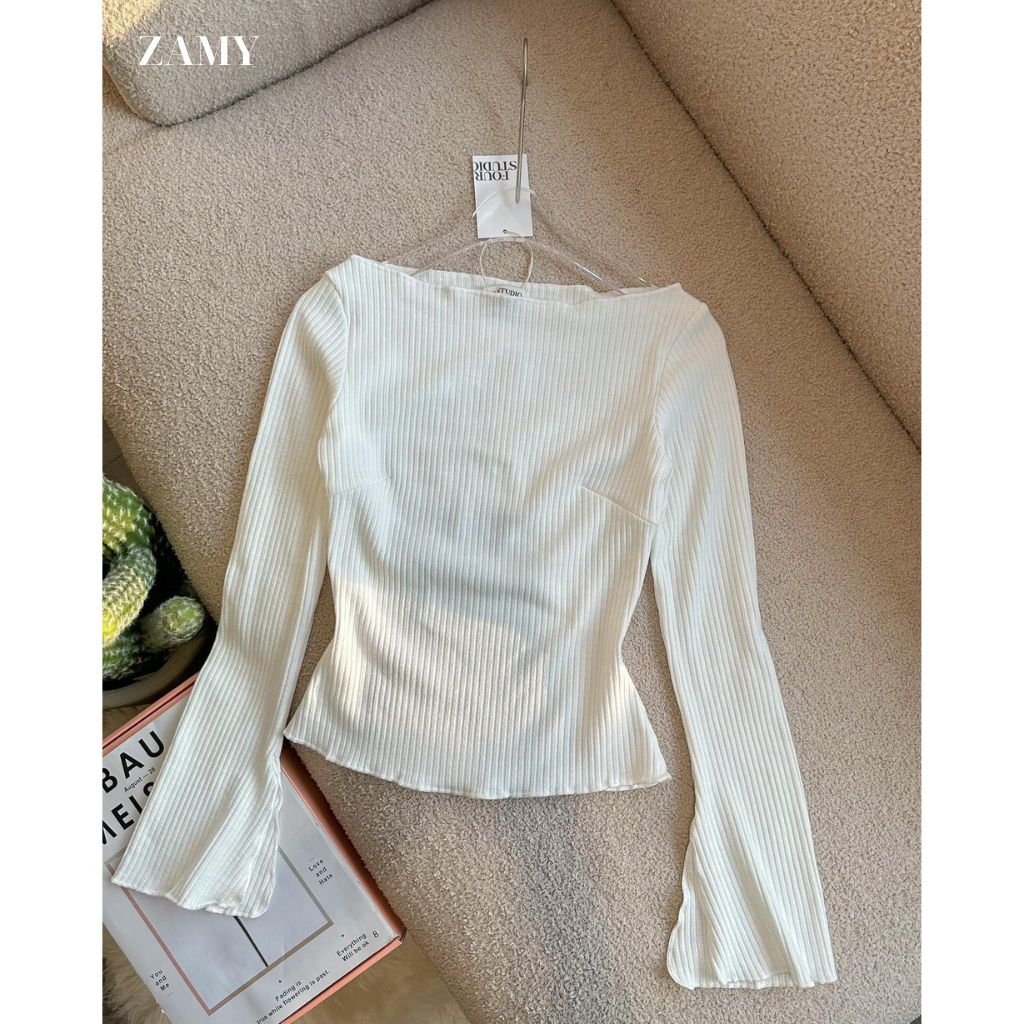 Áo thun nữ, áo thun tay dài chất thun gân tay loe 2 màu đen, trắng thời trang Zamy thiết kế đi chơi - 1907