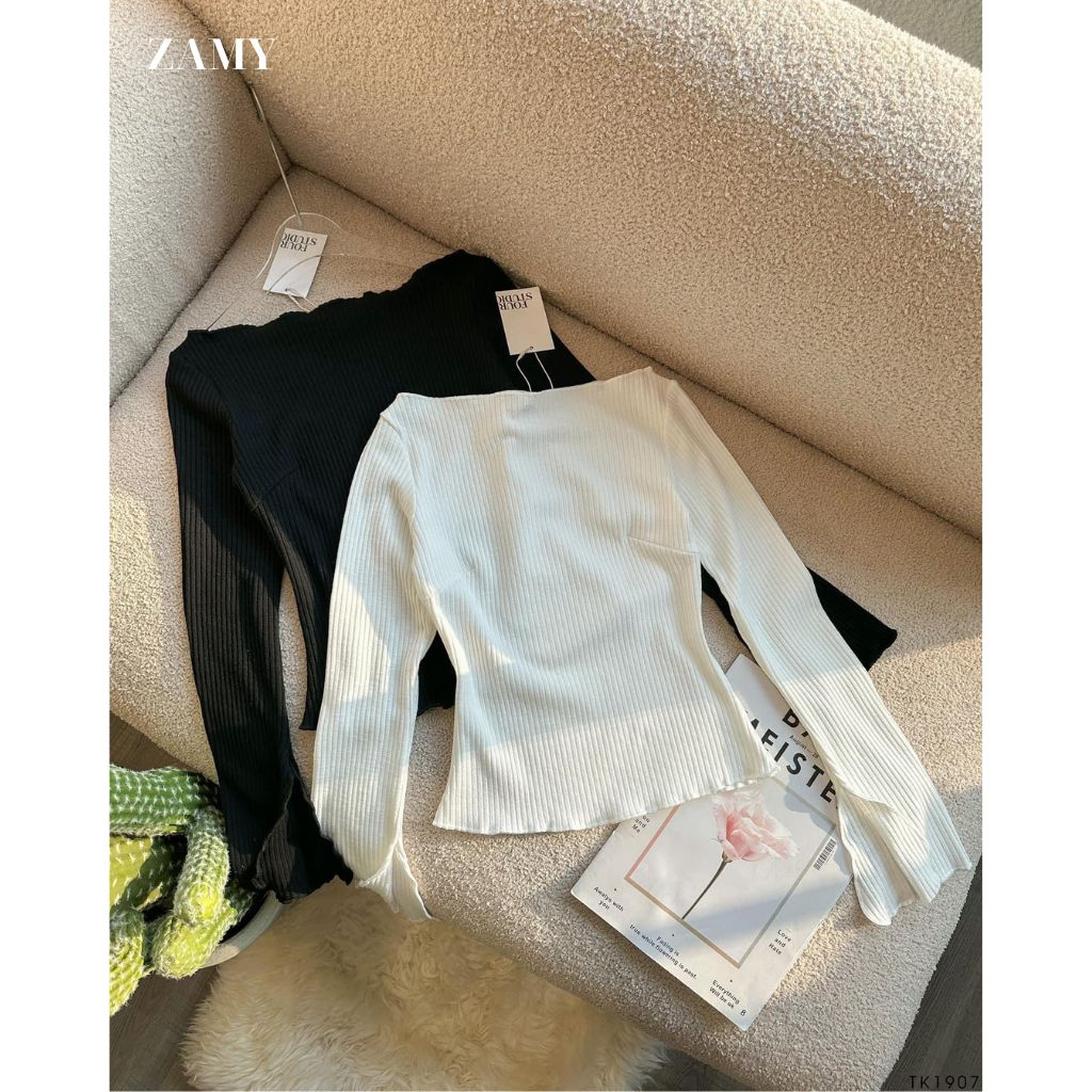 Áo thun nữ, áo thun tay dài chất thun gân tay loe 2 màu đen, trắng thời trang Zamy thiết kế đi chơi - 1907