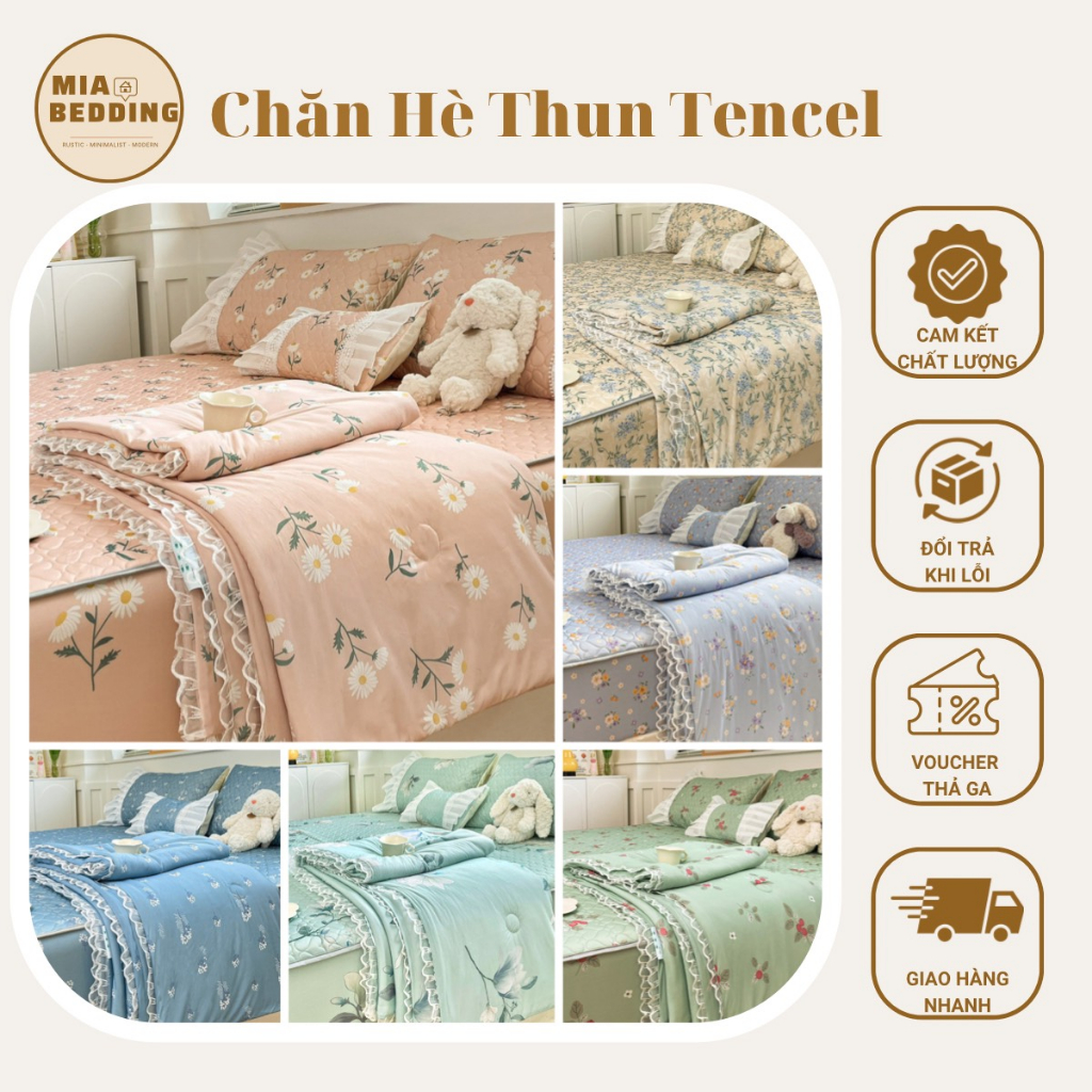 Chăn Hè Thun Lạnh Tencel Viền Ren Hoa Nhí Cùng Màu Với Chiếu Điều Hòa 5D Mềm Mát Kích Thước 2mx2m3 Mia Bedding Store