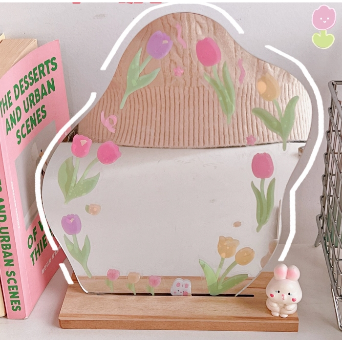 Sticker trang trí hộp đựng đồ, gương hình hoa Tulip và gấu thỏ hình dán PET chống nước