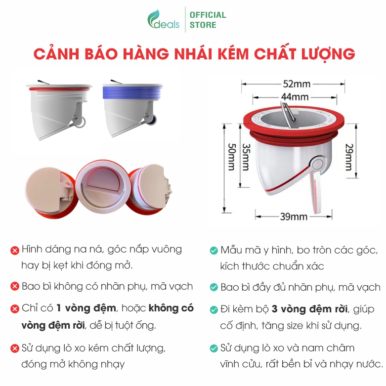 Nắp Ngăn Mùi Thoát Sàn ECODEALS - Chặn Mùi Hôi Cống, Chống côn trùng, Chống trào ngược