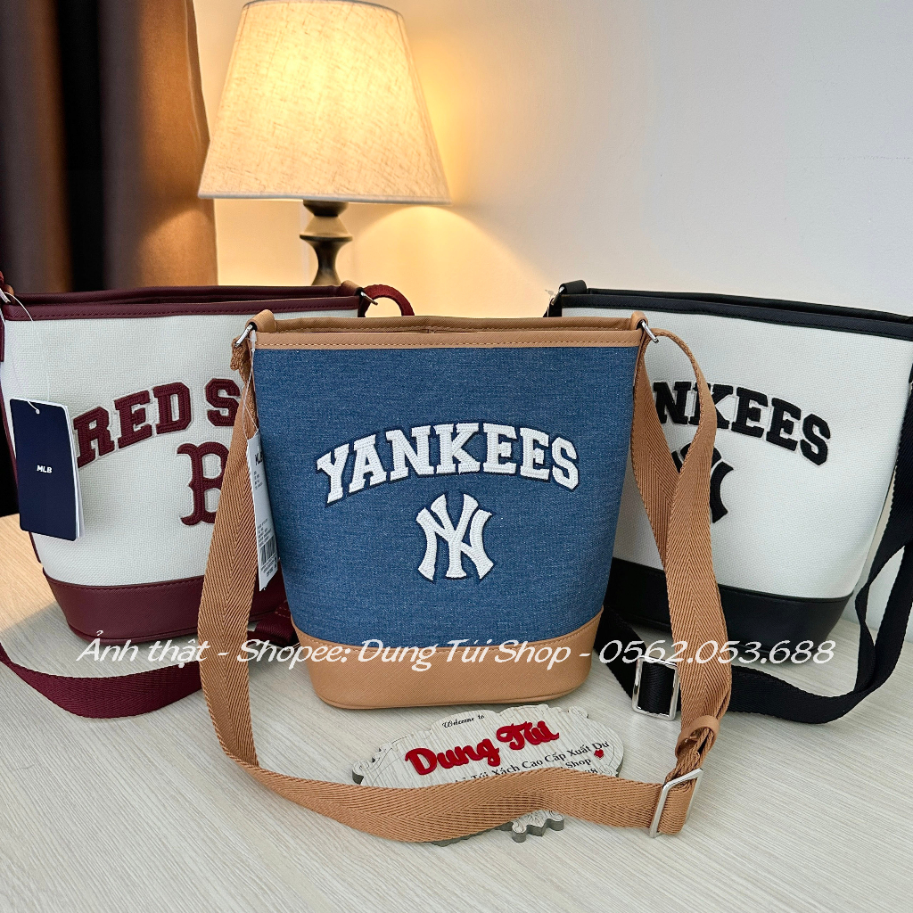 Túi NY quai xách + đeo chéo Varsity basic canvas bucket size 23 đế tròn full tag