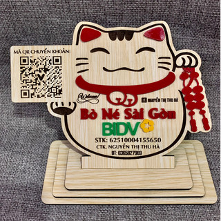 Bảng gỗ tên shop chữ nổi, bảng gỗ khắc stk, bảng gỗ mèo khắc mã qr theo yêu cầu, giúp khách các shop dễ dàng thanh toán