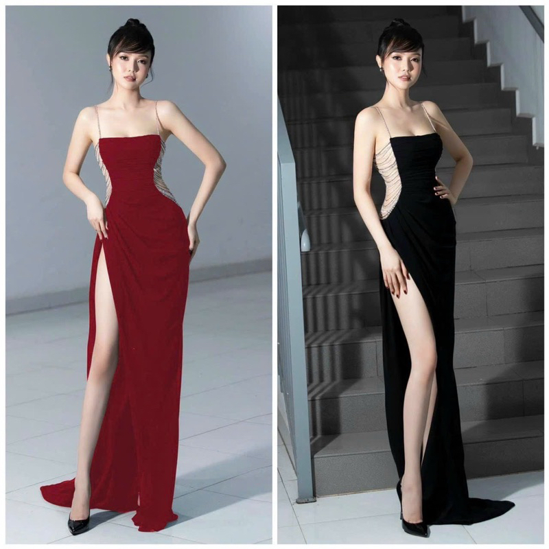 SIZE>65KG ĐẦM XẺ ĐÙI KHOÉT EO ĐÍNH ĐÁ