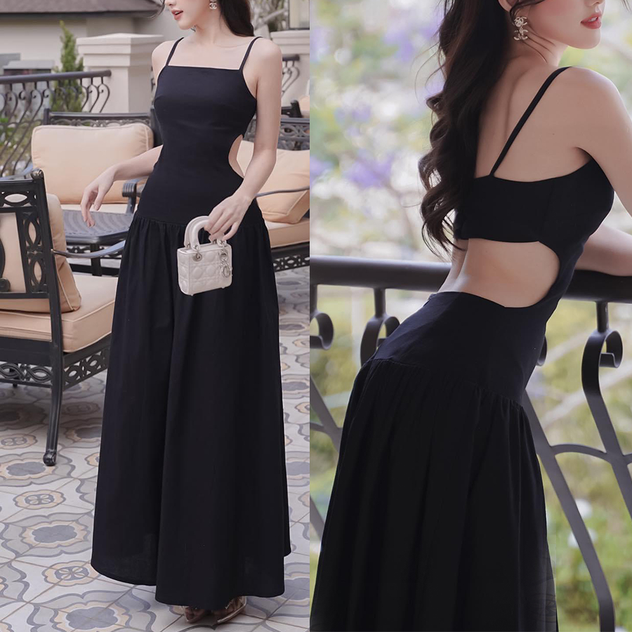 Đầm maxi đen đi dự tiệc cưới thiết kế hai dây, hở eo, tùng xòe sang trọng