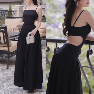 Đầm maxi đen đi dự tiệc cưới thiết kế hai dây, hở eo, tùng xòe sang trọng