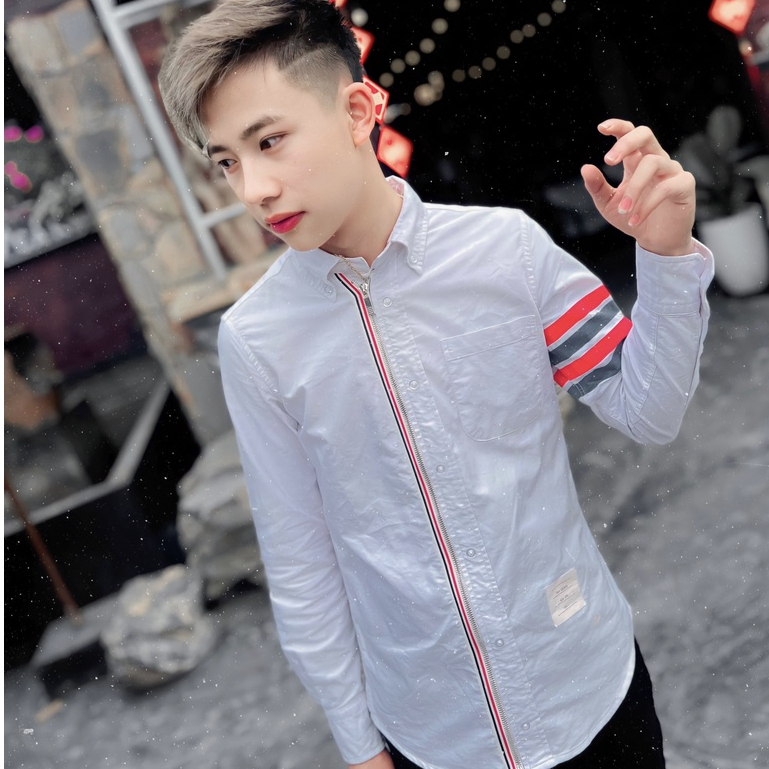 Áo Sơ Mi Trắng Thom Browne 4 Sọc Cánh Tay Cao Cấp Áo Somi Like_AU Trắng 4 Vạch Khóa Zip Chất Vải Lụa Mát Mịn