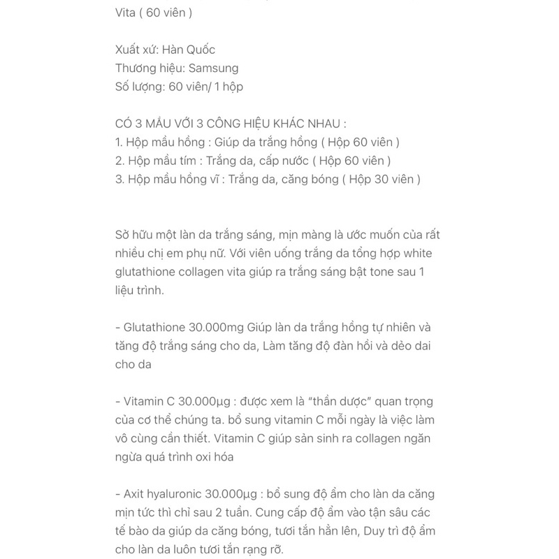 Viên uống trắng da WHITE COLLAGEN VITA Hàn Quốc Hộp 60 viên ngày uống 2 viên
