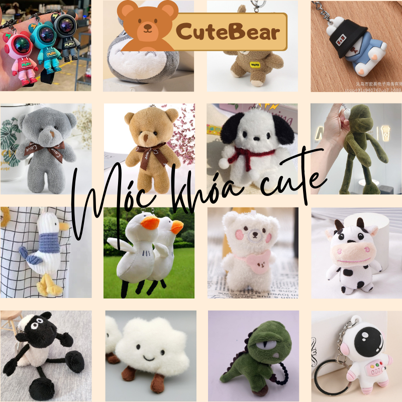 Móc khóa thú bông móc khóa gấu, bò sữa, mây, khỉ, ếch, cừu, vịt, chó, phi hành gia làm treo balo túi xách CB16