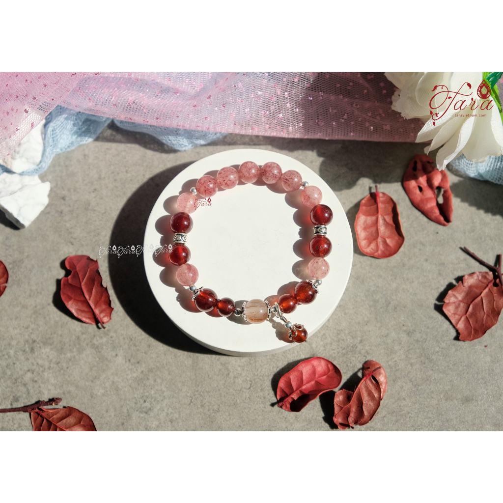 Siêu Sale - Vòng tay đá Thạch Anh Tóc Đỏ mix charm Bạc cao cấp bình an, giàu sức khỏe
