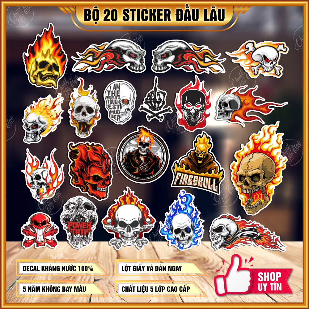 Bộ 20 hình dán decal sticker đầu lâu LỬA