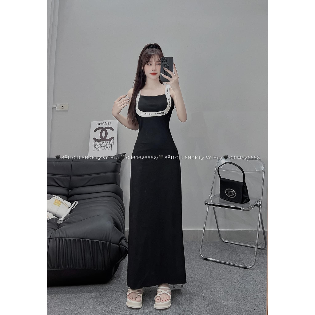 Váy Maxi 2 Dây Chaneo Phối Viền Dây Trắng Đầm 2s Dáng Dài Ôm Body Freesize