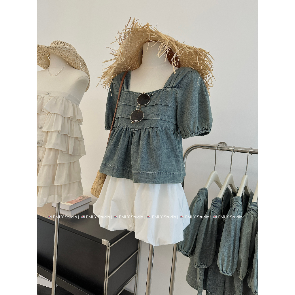 Áo bò giấy cổ vuông vai bồng dáng babydoll - Anna.Store