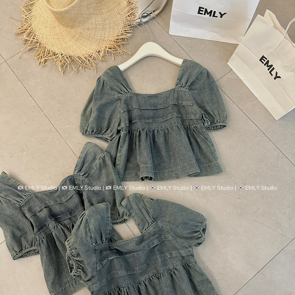 Áo bò giấy cổ vuông vai bồng dáng babydoll - Anna.Store