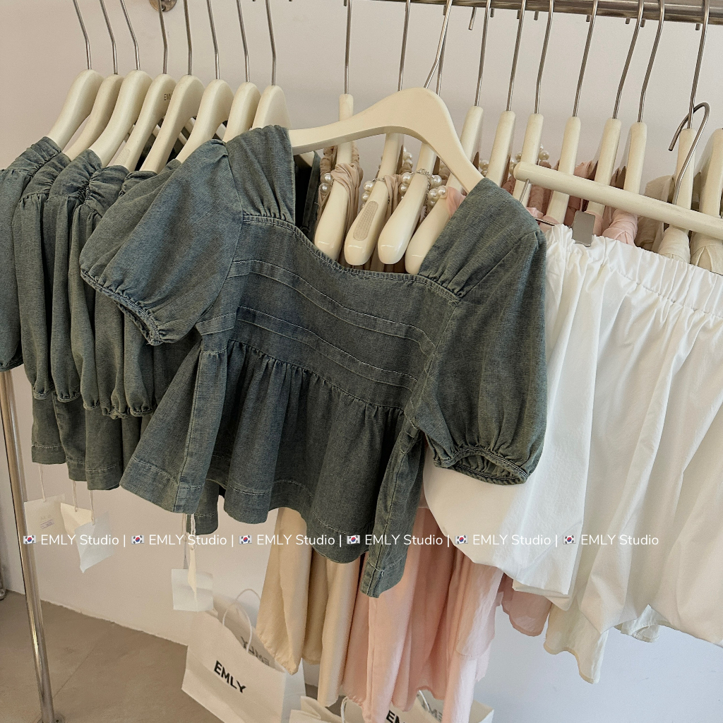 Áo bò giấy cổ vuông vai bồng dáng babydoll - Anna.Store