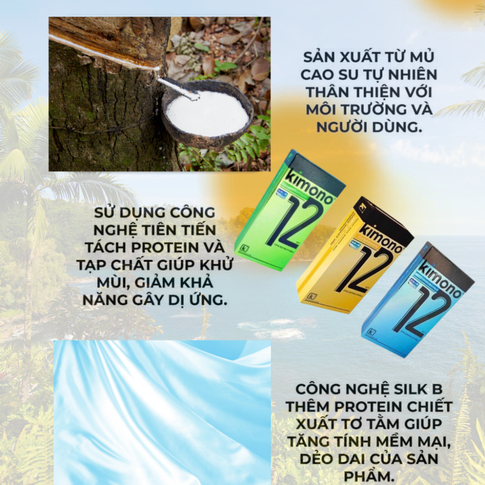 Bao cao su Kimono siêu mỏng 0.03 không mùi,gân gai,kéo dài thời gian chứa vitamin B cấp ẩm bôi trơn hộp 12 bcs
