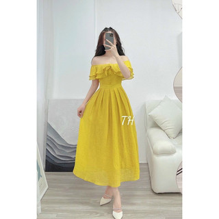 Đầm Trễ Vai Xếp Bèo Nút Bọc Thời Trang Nữ Mặc Đi Chơi Chất Vải Lụa 100D Váy Xoè Dáng Dài Có Mút Ngực,