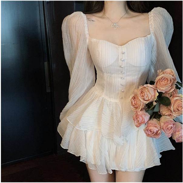 Đầm nữ dự tiệc váy công chúa trễ vai tiểu thư bánh bèo nữ dài tay L66studio dáng chữ A tay phồng đi chơi biển V14 | BigBuy360 - bigbuy360.vn