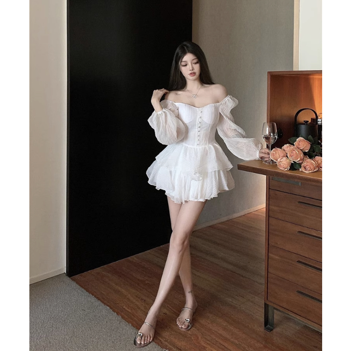 Đầm nữ dự tiệc váy công chúa trễ vai tiểu thư bánh bèo nữ dài tay L66studio dáng chữ A tay phồng đi chơi biển V14 | BigBuy360 - bigbuy360.vn