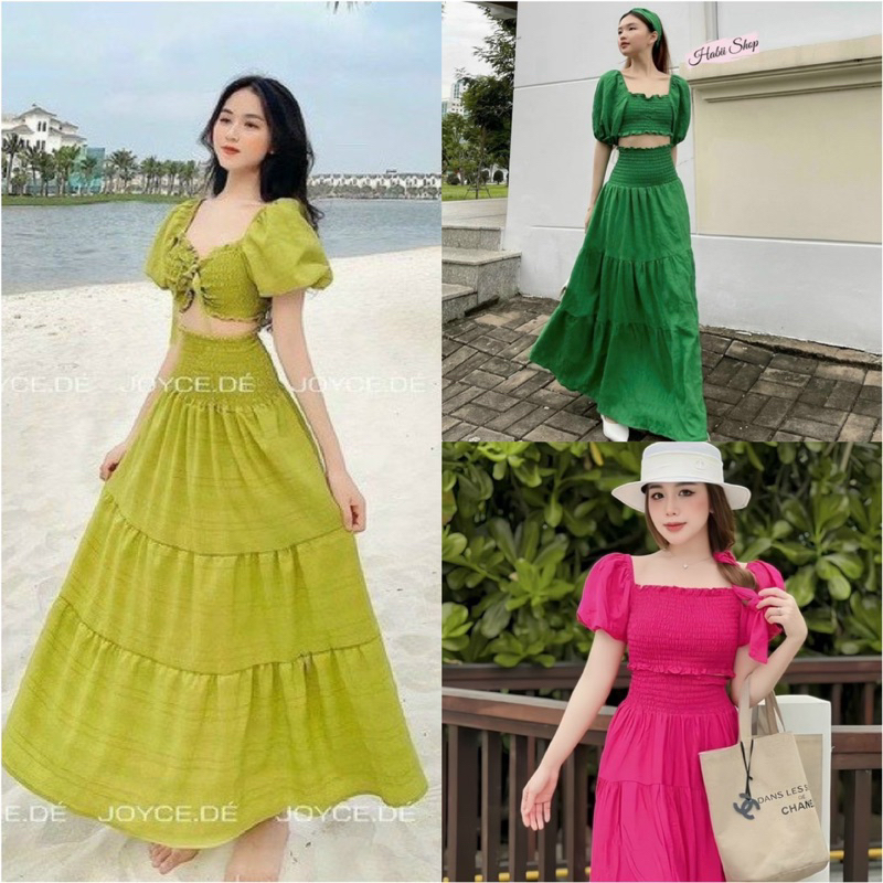 Sét váy maxi thời trang mặc được 2kiểu đi chơi biển xinh chất vải XỐP CHỈ thân áo nhún tay búp váy rời xoè,