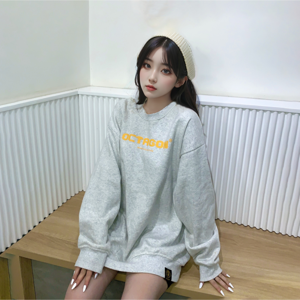 Áo Sweater Nỉ Bông Cổ Tròn Basic OCTAGON Màu Xám Form Rộng Phong Cách Năng Động SS01