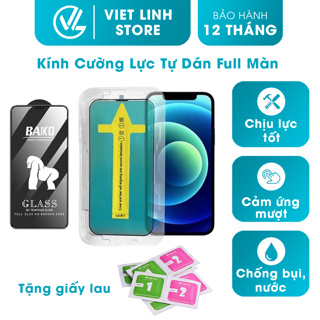 Kính cường lực iphone tự dán Blue Arrow, Kính cường lực Baiko full màn 7/8/7plus/x/xr/xs/11/12/13/14/pro