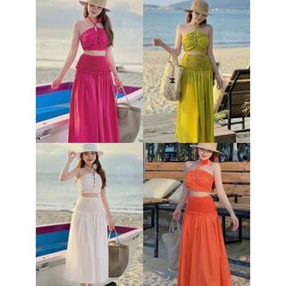 Sét váy nữ maxi đi biển xinh chất LỤA 100D áo cổ yếm dây cổ bo ngực có mút mix chân váy maxi lưng chun dáng suông,