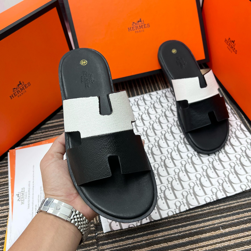 Dép HM Nam Nữ Da , Dép HERMES Quai Ngang Cao Cấp Full Bill Box