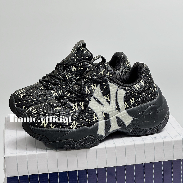 Giày Thể Thao Sneaker MLB Chunky BigBall Saffiano Diamond Màu Đen Chữ NY Trắng Đế Dày Cho Nam Nữ