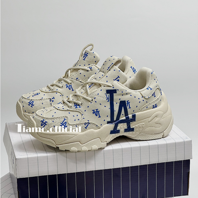 Giày Thể Thao Sneaker MLB Chunky BigBall Saffiano Diamond Màu Trắng Kem Chữ LA Xanh Đế Dày Cho Nam Nữ