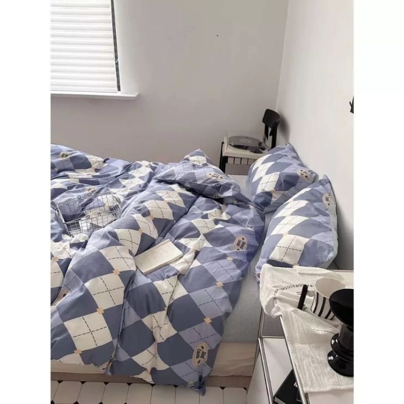Bộ Vỏ Chăn Ga Gối 5 món mẫu Kẻ Thoi Xanh đầy đủ kích cỡ m2/m6/m8/2m hàng loại 1 phong cách Hàn Quốc