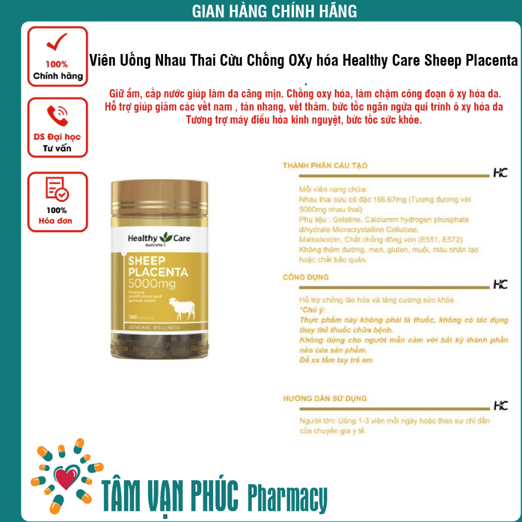 Viên Uống Nhau Thai Cừu Chống OXy hóa Healthy Care Sheep Placenta 5000mg 100 Viên Của Úc.