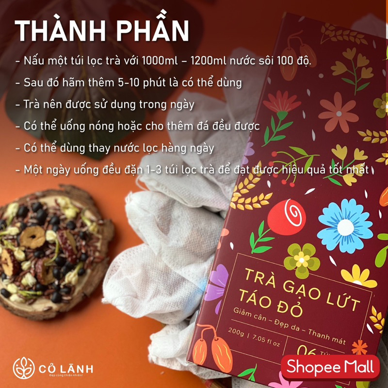 Trà gạo lứt táo đỏ giảm cân, thanh lọ cơ thể Cỏ Lành