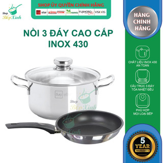 Bộ nồi chảo chống dính đáy từ cao cấp Fivestar 3 đáy nắp kính ( tặng 1 vá canh )