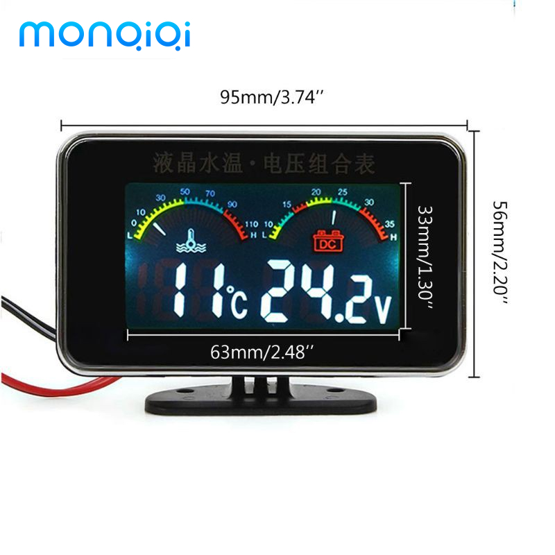 Monqiqi Vôn kế nhiệt kế đo nhiệt độ nước và điện áp 2 trong 1 màn hình LCD 12V/ 24V cảm biến 17mm dành cho xe hơi
