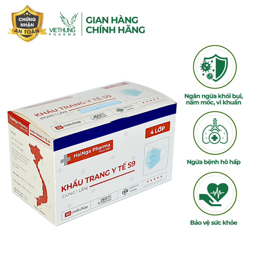 Khẩu Trang Y Tế 4 Lớp Kháng Khuẩn VietHung Pharma, Màu Trắng và Xanh, Giúp Diệt Nấm Mốc, Bụi Mịn, Hộp Khẩu Trang 50 Cái