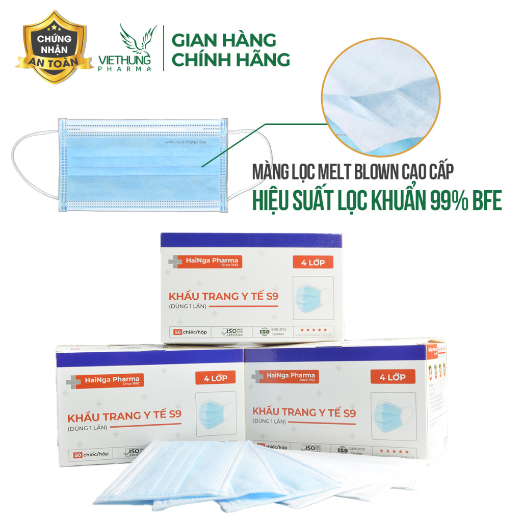 Khẩu Trang Y Tế 4 Lớp Kháng Khuẩn VietHung Pharma, Màu Trắng và Xanh, Giúp Diệt Nấm Mốc, Bụi Mịn, Hộp Khẩu Trang 50 Cái