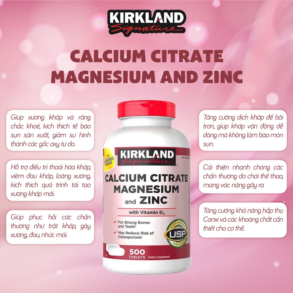 Canxi hữu cơ cho người lớn Kirkland Signature bổ sung Calcium Citrate Magnesium And Zinc 500mg 500 viên