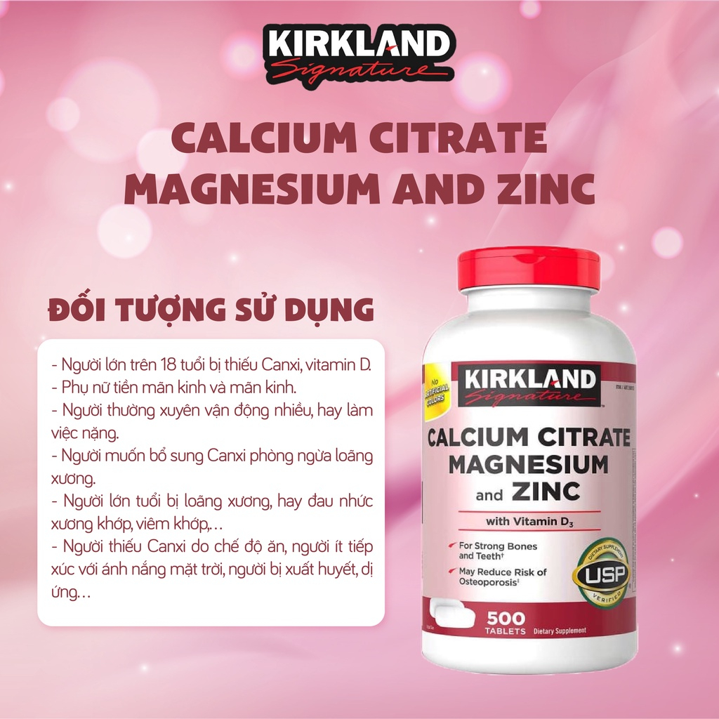 Canxi hữu cơ cho người lớn Kirkland Signature bổ sung Calcium Citrate Magnesium And Zinc 500mg 500 viên