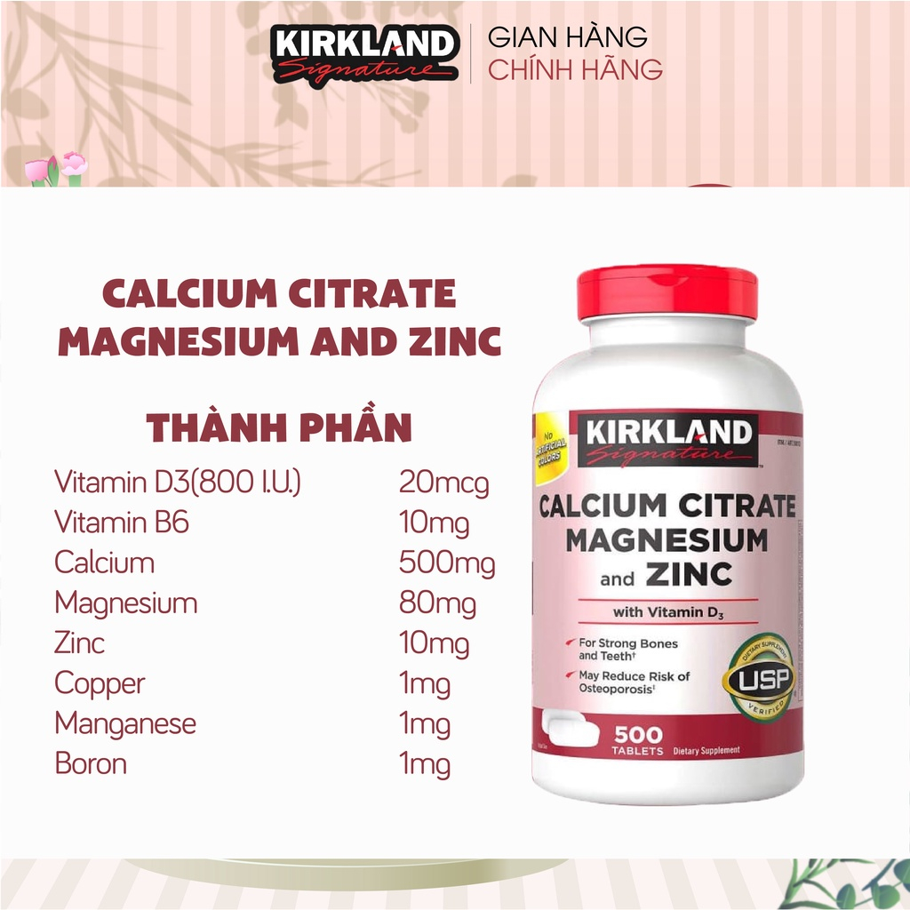 Canxi hữu cơ cho người lớn Kirkland Signature bổ sung Calcium Citrate Magnesium And Zinc 500mg 500 viên