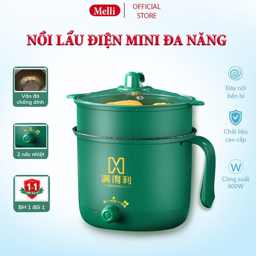 Nồi Lẩu Điện Mini Melli Nấu Mì 2 Tầng Kèm Giá Hấp Đa Năng Luộc Chiên Xào Chống Dính Vân Đá Tiện Lợi Ca nấu Mì Mẫu Mới