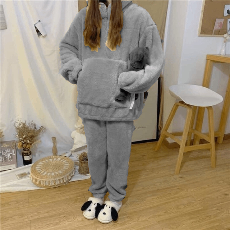 Sét bộ lông cừu nữ áo lông hoodie mũ to tai thỏ đáng yêu quần bo gấu siêu xinh, bộ lông mặc nhà, bộ ngủ