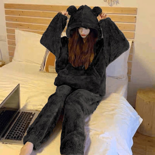 Sét bộ lông cừu nữ áo lông hoodie mũ to tai thỏ đáng yêu quần bo gấu siêu xinh, bộ lông mặc nhà, bộ ngủ