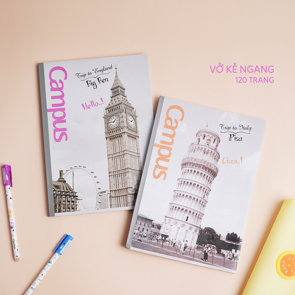 Combo 5 Vở kẻ ngang Campus 80/120trang + 10 bút gel 0.5mm hai màu đen xanh dành cho học sinh