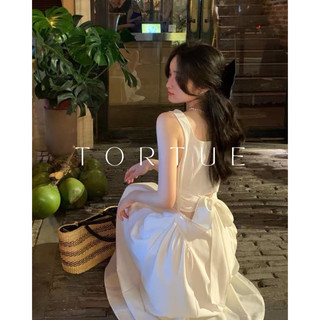 [Sẵn] V220 Đầm váy dài trắng trơn buộc nơ eo tiểu thư nhẹ nhàng mùa hè phong cách Pháp Retro Vintage Taobao mới 2023
